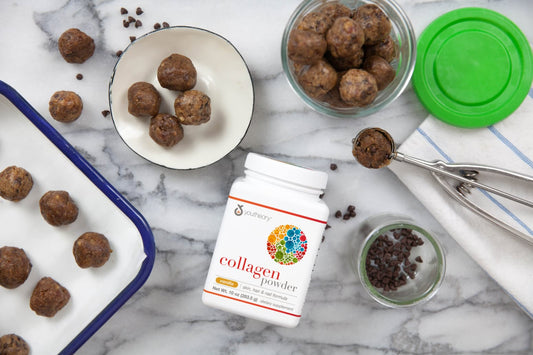 Collagen Powder next to Almond Butter Chocolate Chip Energy Bites