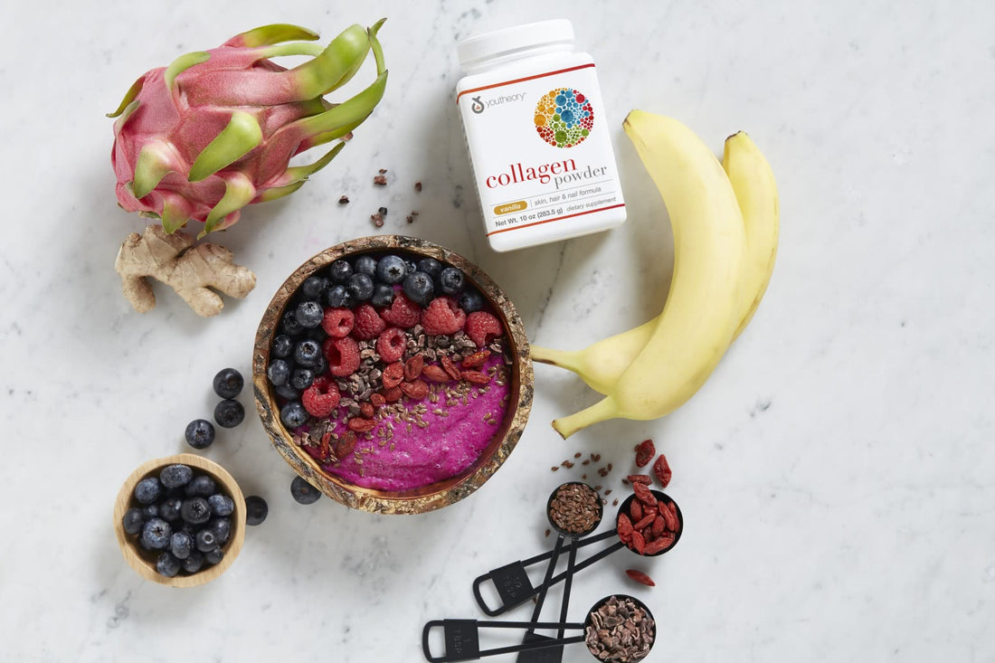 Collagen Powder bottle next to bowl of soul smoothie bowl
