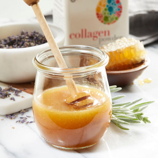 Collagen Powder Bottle next to Lavender Honey Butter