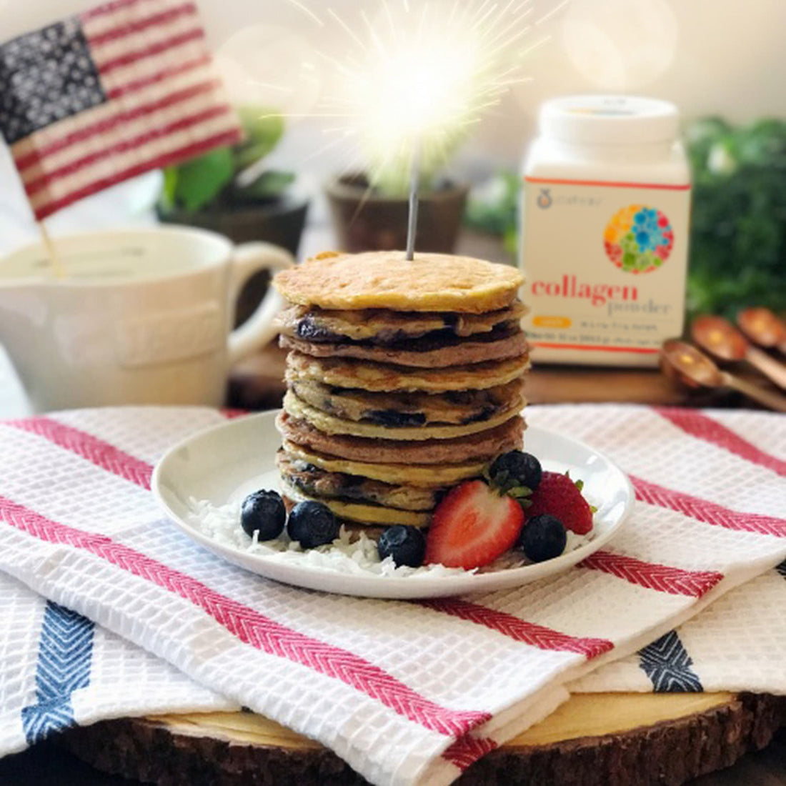 Collagen Powder Bottle Next to Patriotic Pancakes