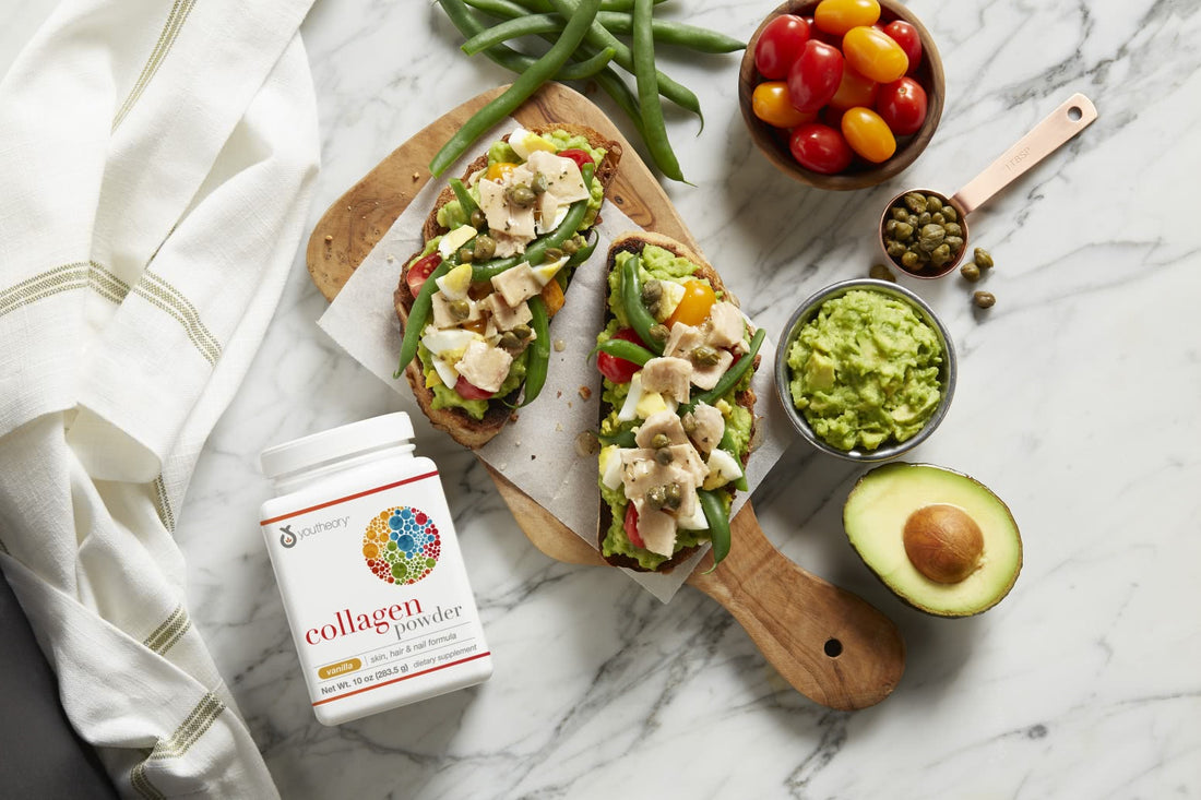 Collagen Powder Bottle next to Tuna Avocado Toast Drizzle