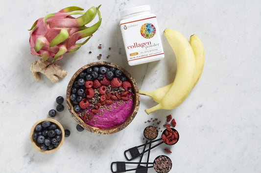 Collagen Powder bottle next to bowl of soul smoothie bowl