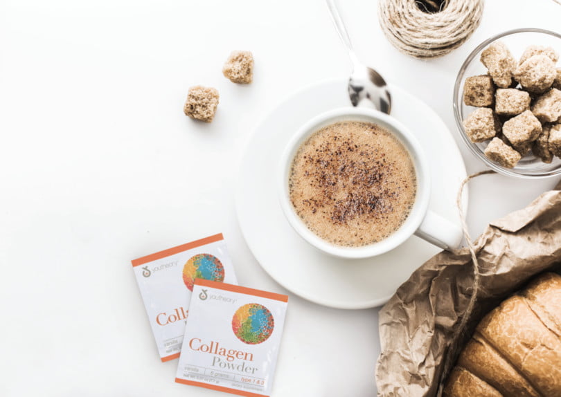 Collagen Powder Packet Next to Collagen Coffee