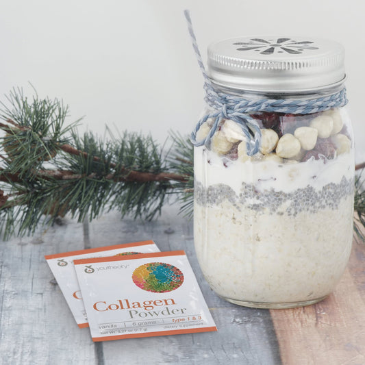 Collagen Powder Packets next to Overnight Oats jar