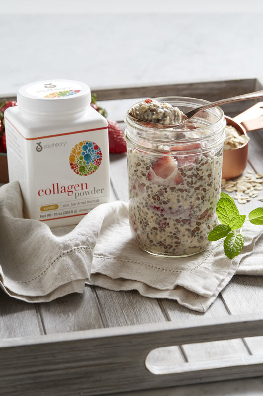 Collagen Powder Packets next to Overnight Oats jar
