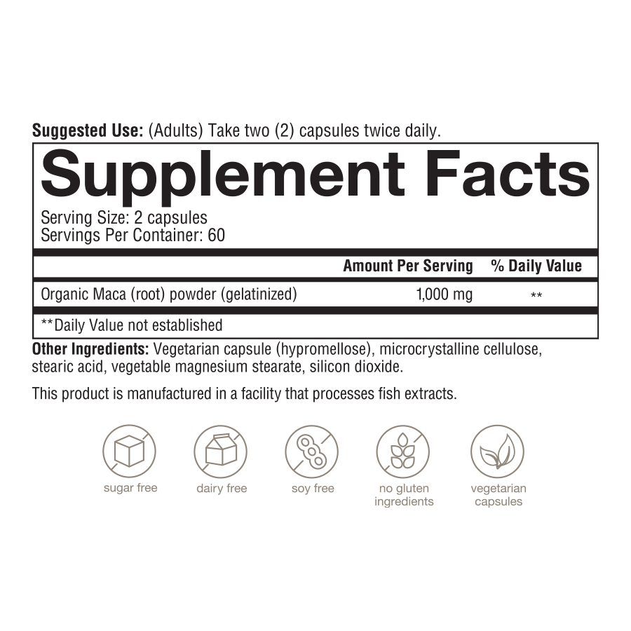 Womens Maca Root 120 Capsules Supplement Facts
